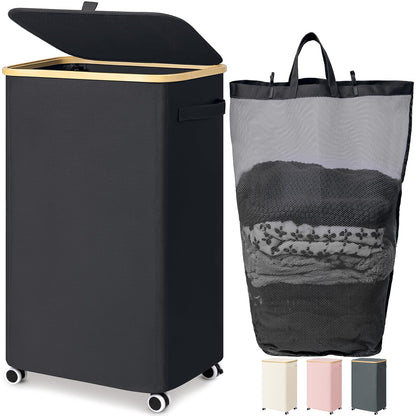 Goodpick 100L Large Rolling Laundry Basket with Wheels and Lid, Black | 17.3" × 13" × 29.5" Collapsible Laundry Hamper for Clothes & Blankets Storage, Removable Wash Bag, Bathroom Organization