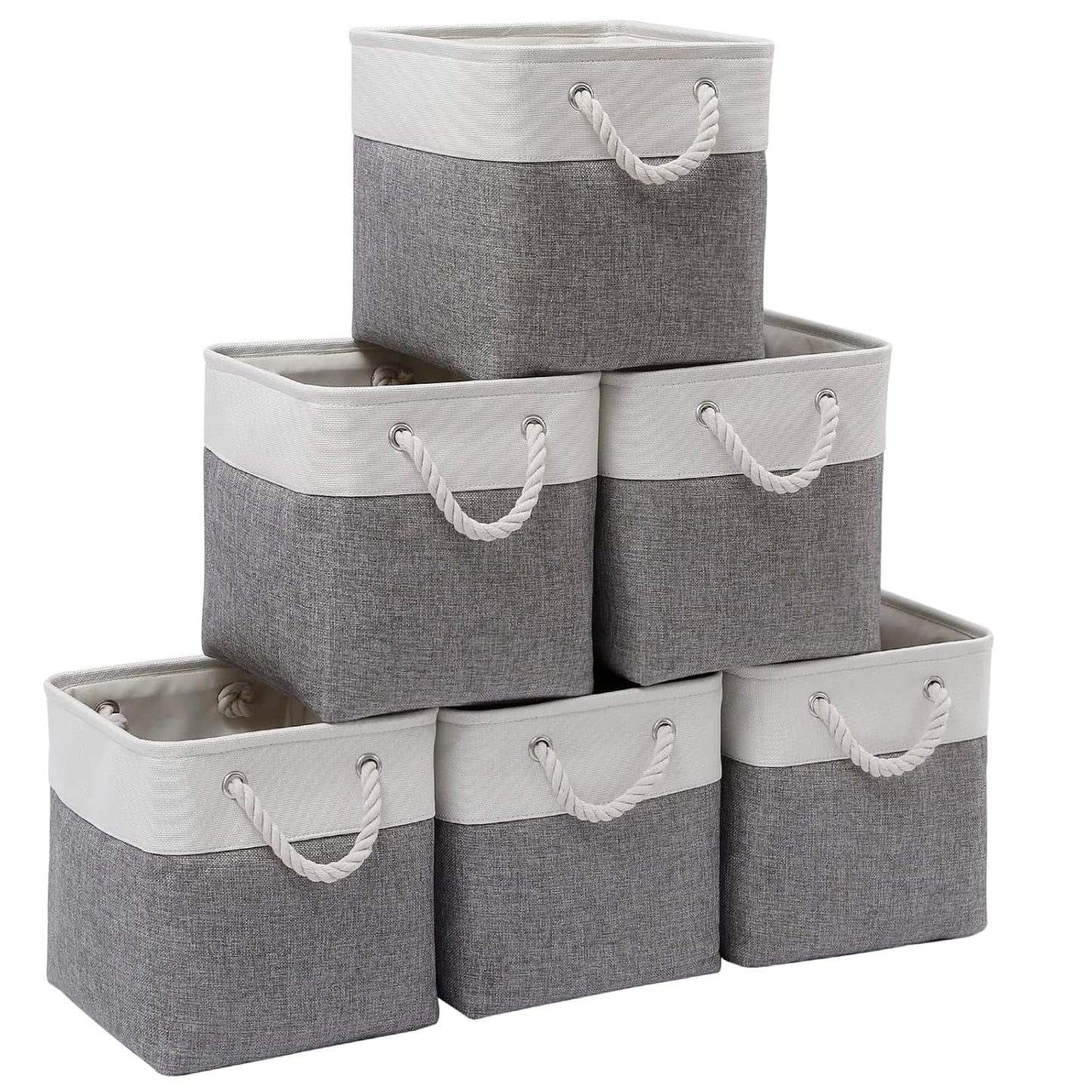 Cube Storage Bins, 6 Pack Collapsible Fabric Storage Cubes, 11 Inch Cube Organizer Bins with Handles (White/Gray)