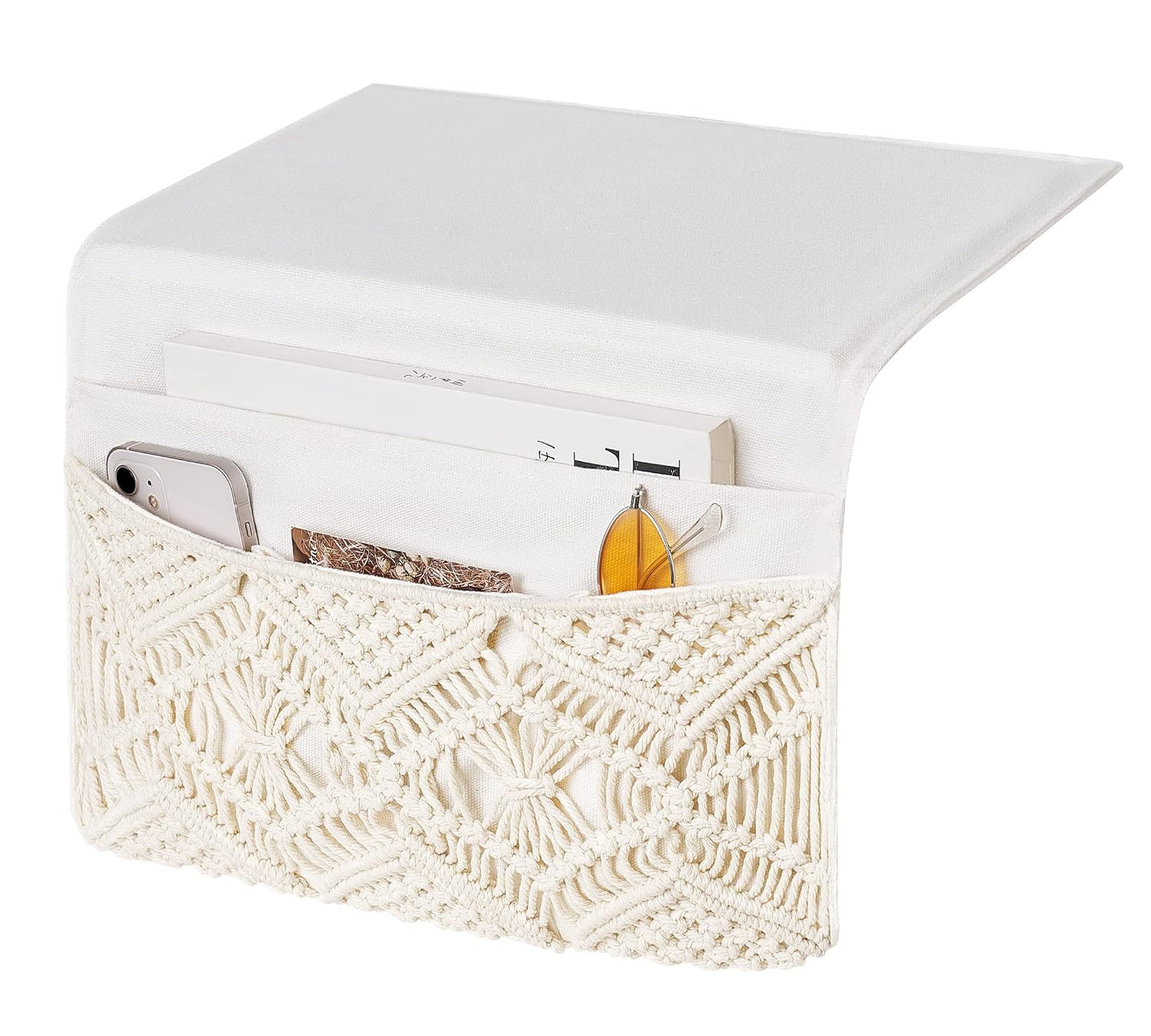 Mkono Macrame Bedside Caddy, Boho Bed Storage Organizer, 4 Pockets Ivory | Dorm Room Bed Caddy, Home Decor, Remote Control Magazine Glasses, Bedroom Living Room, Non-Slip, Space Saving Holder