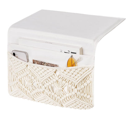 Mkono Macrame Bedside Caddy, Boho Bed Storage Organizer, 4 Pockets Ivory | Dorm Room Bed Caddy, Home Decor, Remote Control Magazine Glasses, Bedroom Living Room, Non-Slip, Space Saving Holder