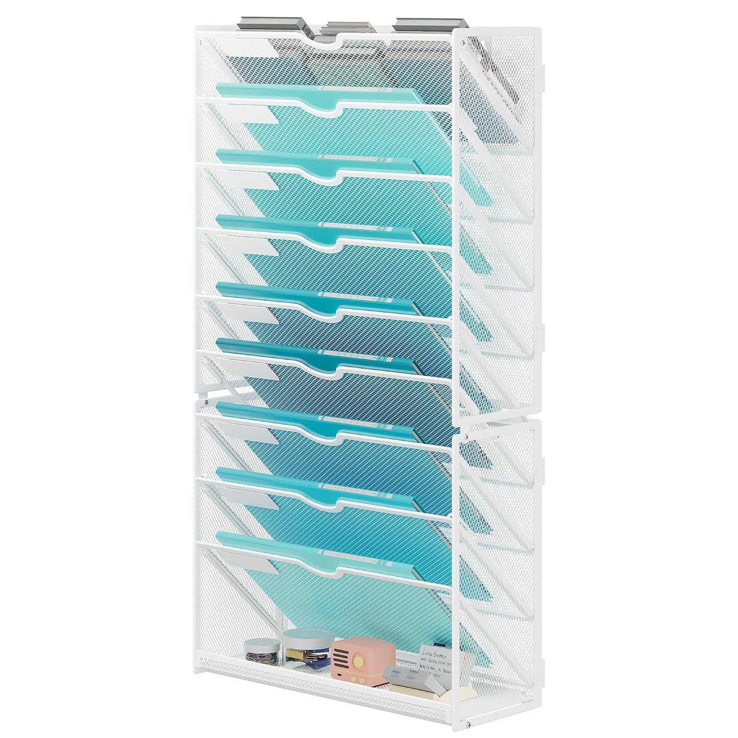 Lavatino 10-Tier Hanging Wall File Folders Organizer - White Metal Mesh Paper Magazine Document Mail Holder File Organizer for Office School Home Wall Mount or Desk Supplies Organization