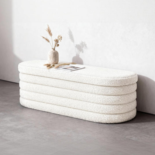 Storage Ottoman Bench, 43" Entryway Shoe Seat, Sherpa White | Upholstered Oval Ottoman with Storage, End of Bed Stool Blanket Chest, For Living Room, Hallway
