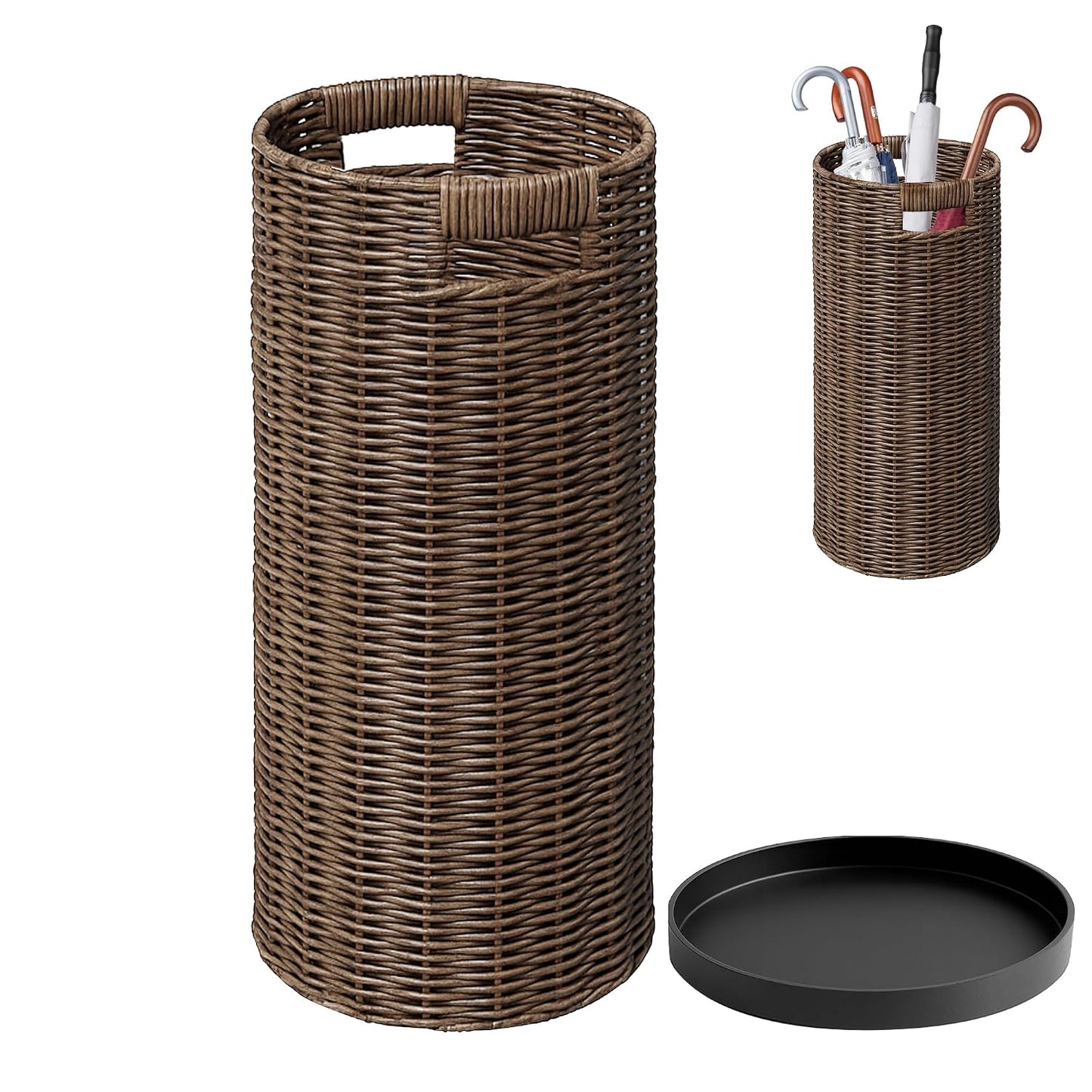Rattan Umbrella Holder 21"H X 10"D, Handmade Wicker Umbrella Stand Indoor with Dip Tray, Sturdy Umbrella Holders for Entryway, Umbrella Bucket Fits Mudroom,Walking Canes,Home,Office (Brown)
