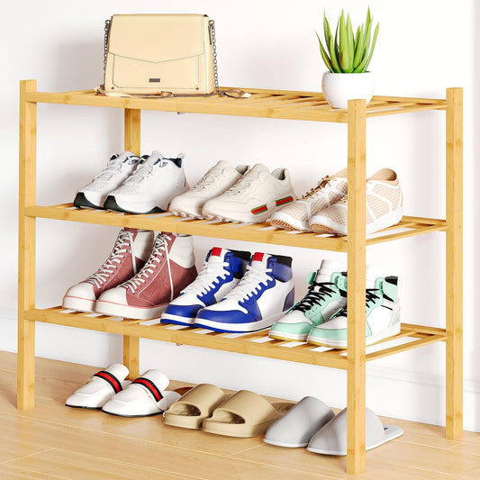 Bamboo Shoe Rack, 12 Vertical Slats, 3 Tier - 26.8... (Natural | Bamboo)
