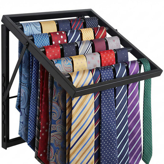 Wall Mounted Tie Rack Organizer, Metal Tie Rack Holds Up to 58 Ties, Adjustable Angle Tie Holder for Closet ,Tie Organizer Wall Mounted, Suitable for Ties, Scarves and Belts Organization (Black)