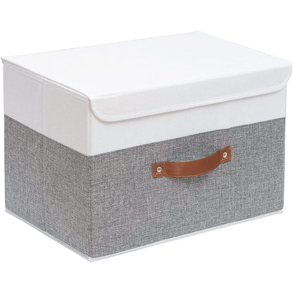 Yawinhe Fabric Storage Boxes with Lids,White/Grey,15.0x9.8x9.8in,1-Pack | Container with Leather Handle,Washable Storage Basket, Clothes Blanket Bin,Collapsible Closet Organizer for Bedroom