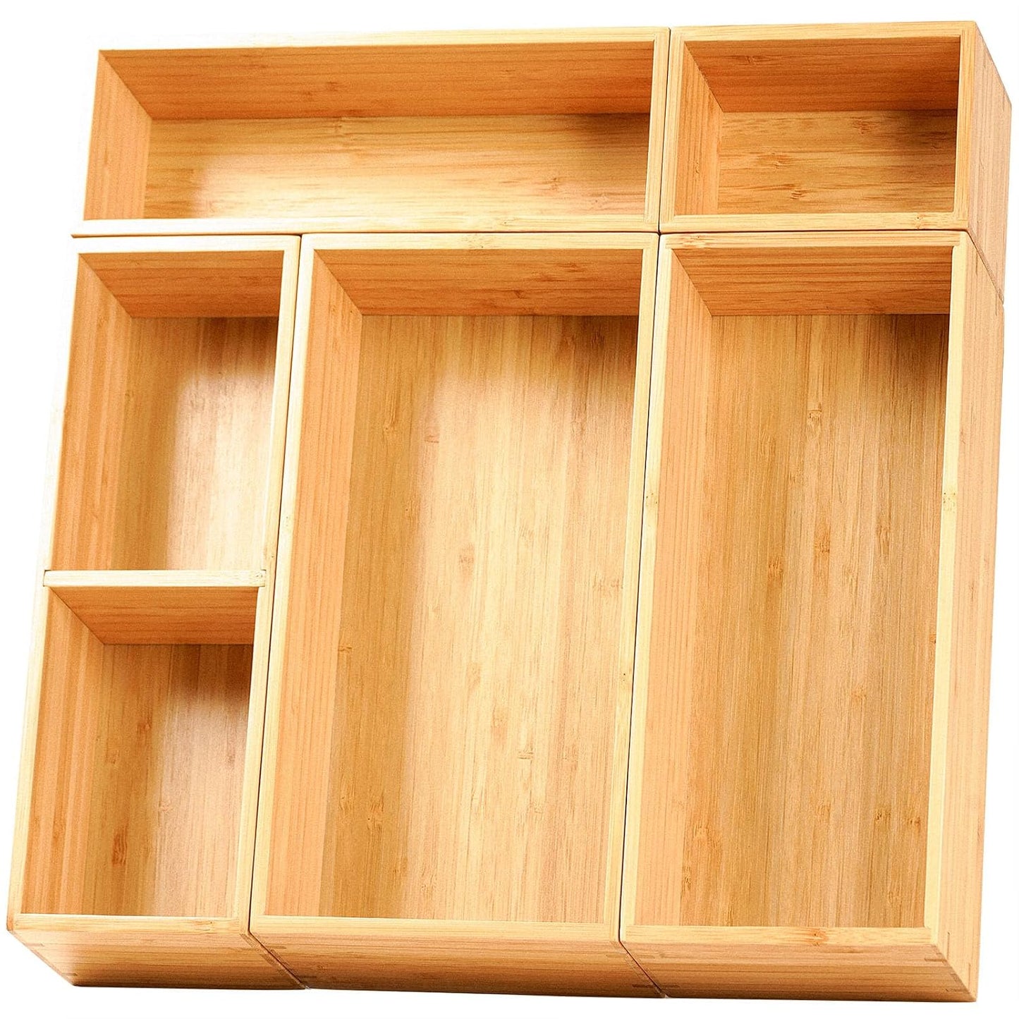Drawer Organizer Storage Boxes, 2.5" High Bamboo Drawer Dividers, 5 Rearrangeable Bins for Kitchen, Office Desktop, Clothing, Makeup, vanity, Jewelry