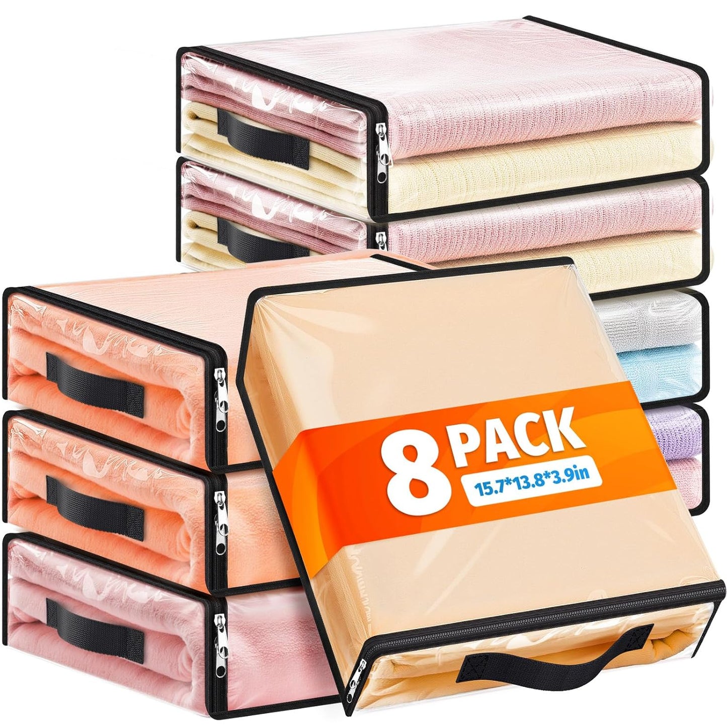 SpaceWhisper Clear Sheet Storage Bags, 8 Pack, 15.7 x 13.8 x 3.9 in | Sheet organizers and storage, zippered closure, thick plastic, reinforced handles, clothes, blankets, under-bed storage