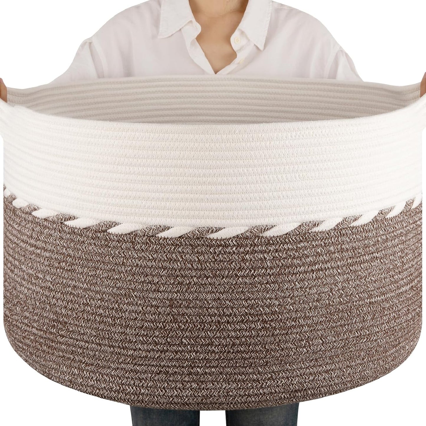 OIAHOMY 90L Extra Large Blanket Basket - Decorative Cotton Rope Storage Basket for Bedroom, Living Room & Nursery - Woven Laundry Hamper for Organizing Blankets, Clothes & Toys - Brown & White