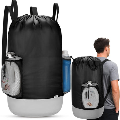 Large Backpack Laundry Bag (29" H × 15" Dia), Waterproof Clothes Hamper Bag, 900D Oxford Fabric Body and Double-Layer Nylon Base, Perfect for College Dorm, Travel, Apartment, Laundromat (Black)