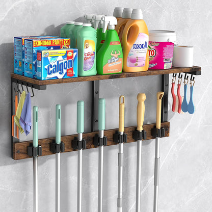 Housolution Wall Mount Broom Holder Laundry Room Storage Organizer Shelves | Thickened Metal Frame, 100 LBS High Load-Bearing, Large Capacity, Multifunctional with 7 Grippers & 8 Hooks