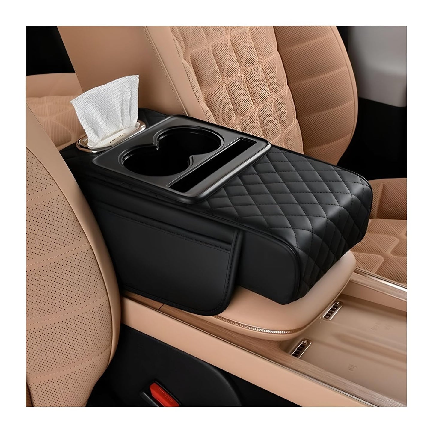 Zpana 4 in 1 Car Center Console Armrest Pillow, Memory Foam, Black | Leather Vehicle Arm Rest Cover, with Tissue Box 2 Side Storage Bag Cup & Phone Holder, Universal Fit