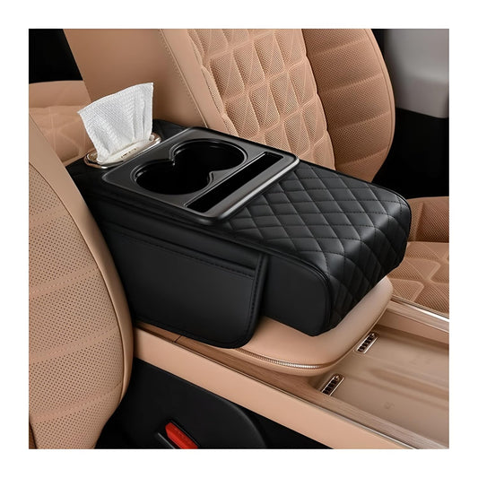 Zpana 4 in 1 Car Center Console Armrest Pillow, Memory Foam, Black | Leather Vehicle Arm Rest Cover, with Tissue Box 2 Side Storage Bag Cup & Phone Holder, Universal Fit
