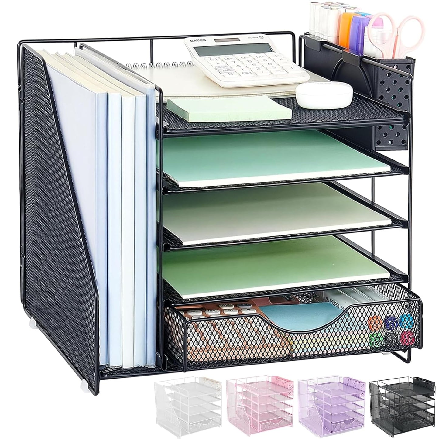 5-Tier Desk Organizer with Drawer and Pen Holder, Black | Paper Letter Tray Organizer with File Holder, Suitable for Workspace Organizer Office Supplies Storage