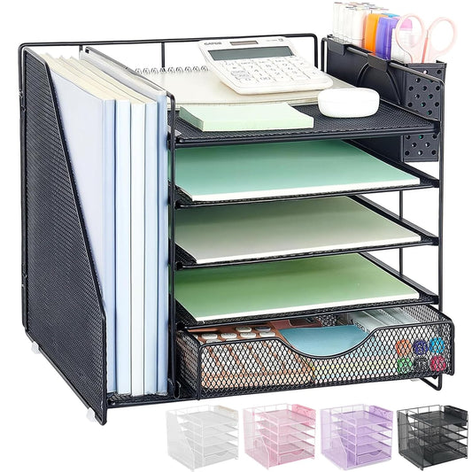 5-Tier Desk Organizer with Drawer and Pen Holder, Black | Paper Letter Tray Organizer with File Holder, Suitable for Workspace Organizer Office Supplies Storage