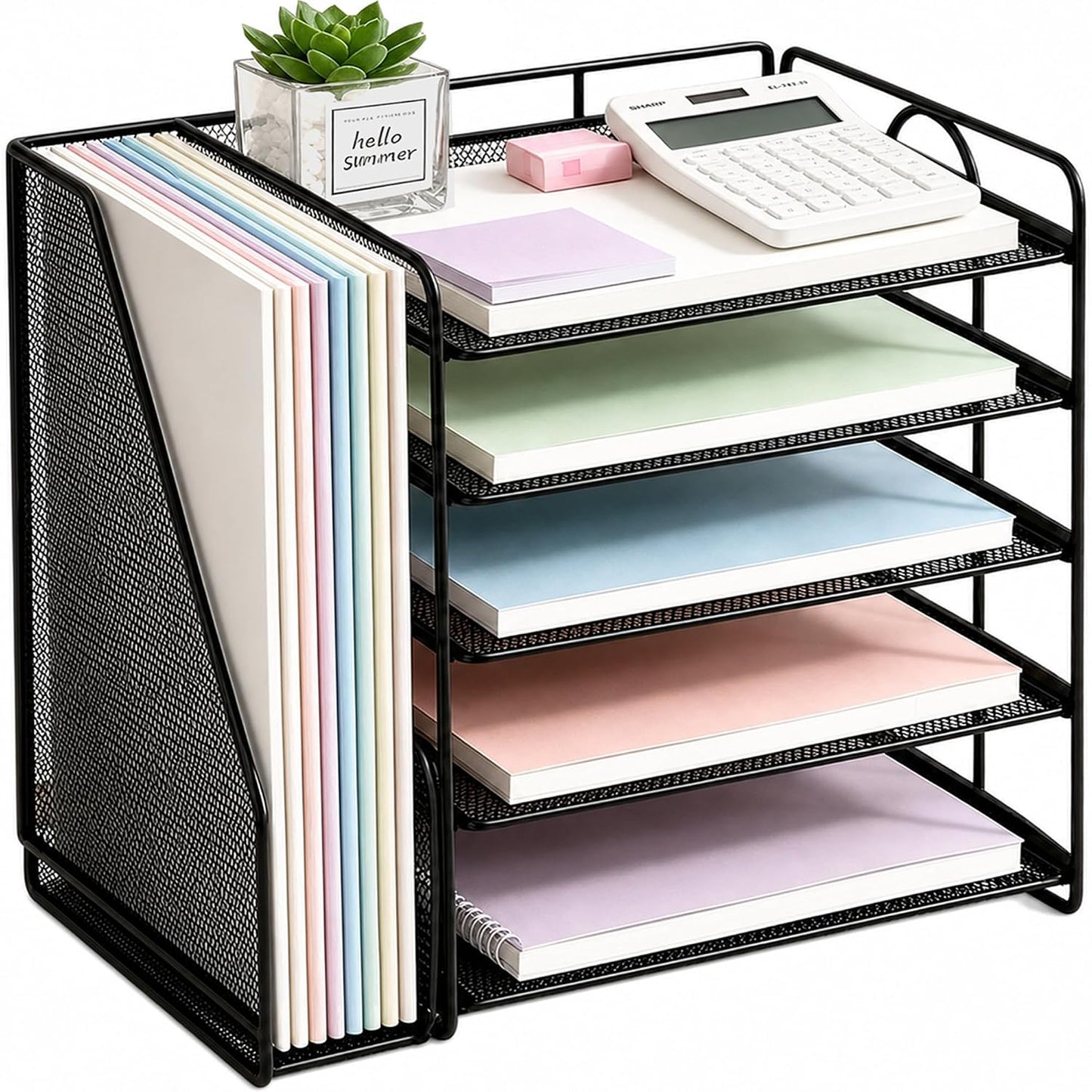 Desk Organizers and Accessories, 5-Tier Paper Organizer Letter Tray with Magazine Holder, Office Desk Accessories & Workspace Organizers, Desktop File Organizer for Office Supplies, Black