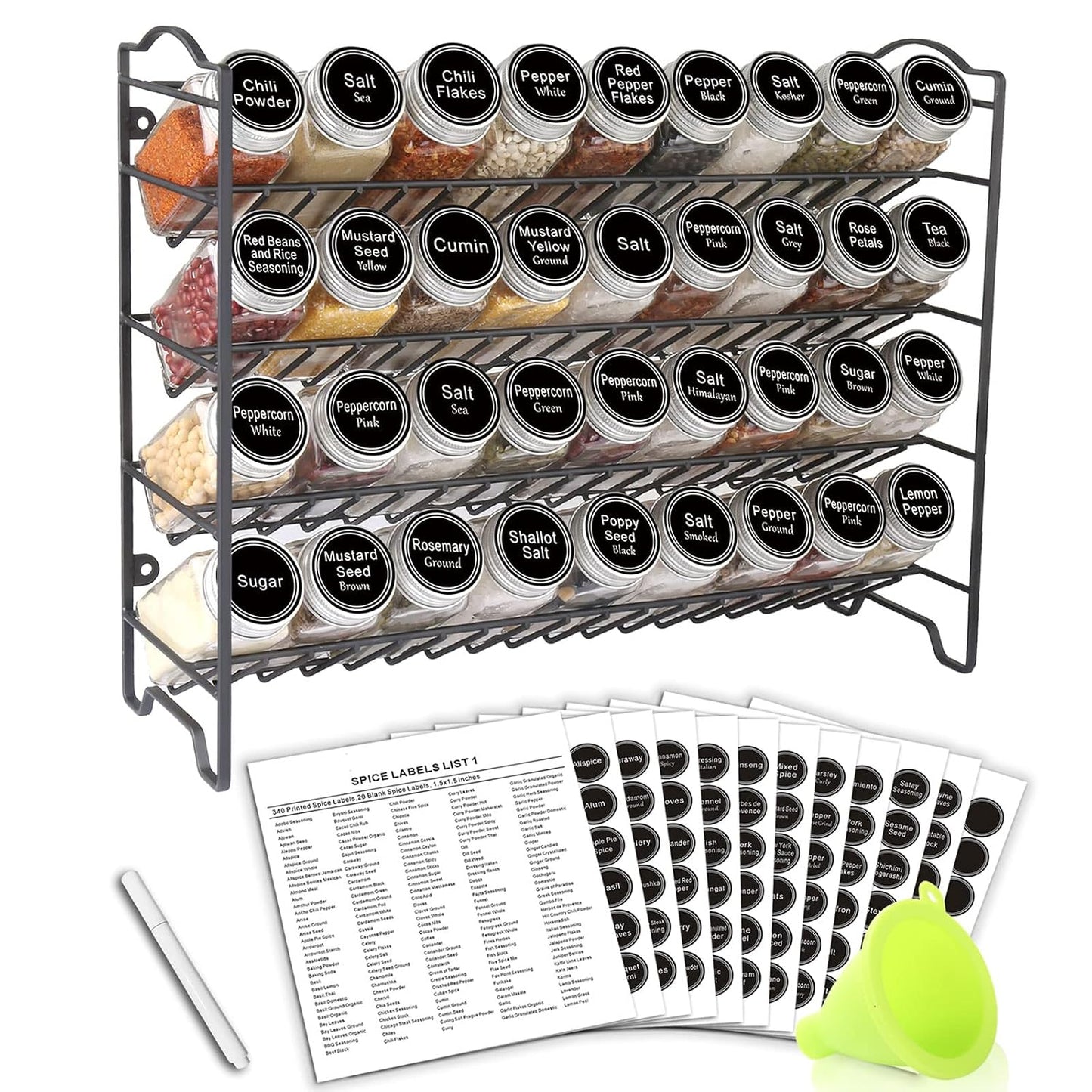 Spice Rack Organizer with 36 Spice Jars 4 oz, 396 Spice Labels | Chalk Marker, Funnel Set, Spice Organizer for Cabinet, Countertop, Pantry, Cupboard & Wall Mount, 16.5" W × 12.6" H, Black