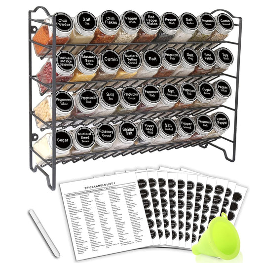 Spice Rack Organizer with 36 Spice Jars 4 oz, 396 Spice Labels | Chalk Marker, Funnel Set, Spice Organizer for Cabinet, Countertop, Pantry, Cupboard & Wall Mount, 16.5" W × 12.6" H, Black