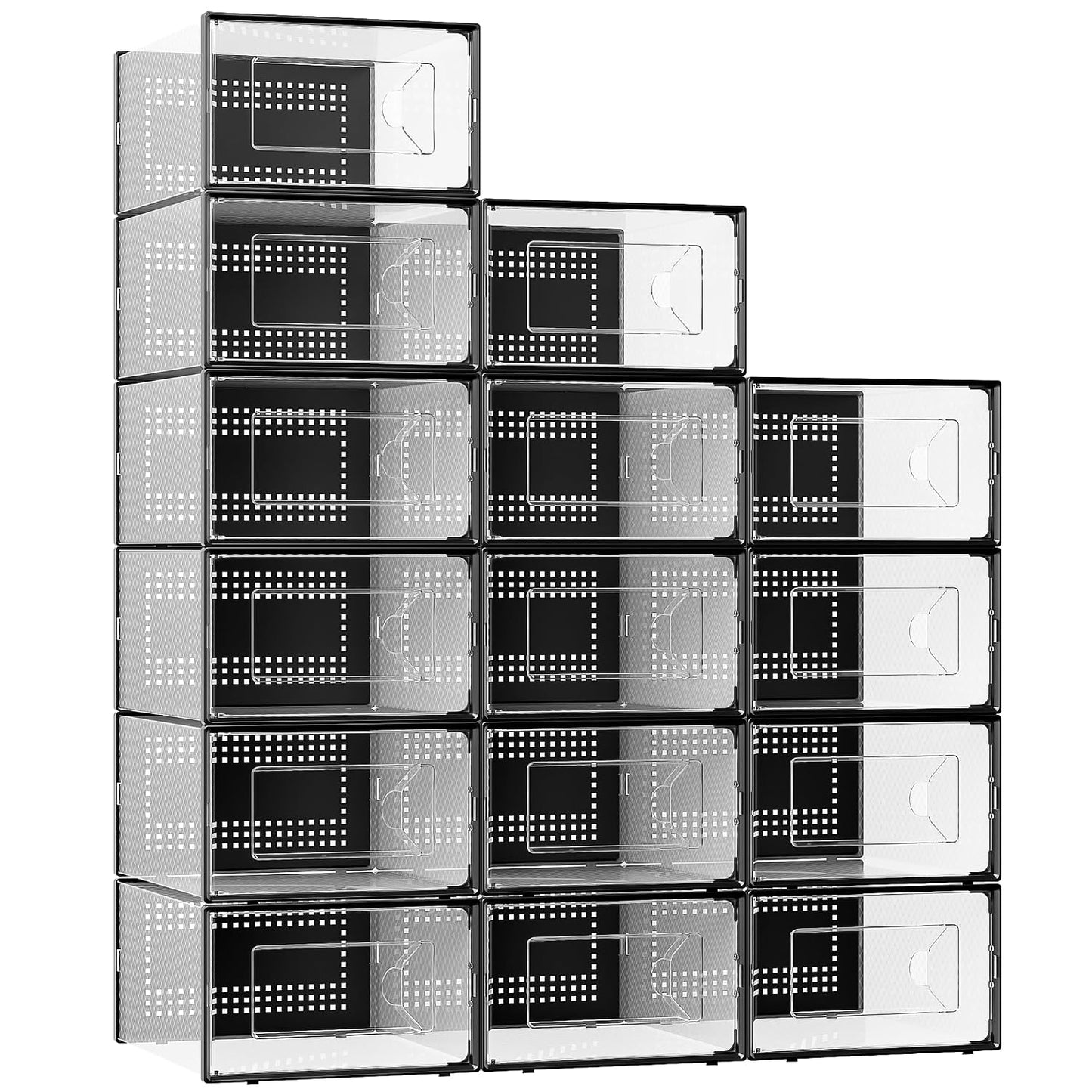 Foluck X-Large 15 Pack Shoe Storage Organizer Box Clear Plastic Stackable | Interlocking Design, Sturdy Dustproof Breathable, Fits Men's Size 10 Women's Size 11, for Closet Entryway Under Bed