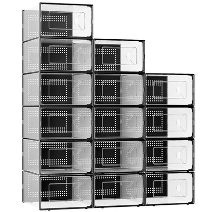 Foluck X-Large 15 Pack Shoe Storage Organizer Box Clear Plastic Stackable | Interlocking Design, Sturdy Dustproof Breathable, Fits Men's Size 10 Women's Size 11, for Closet Entryway Under Bed