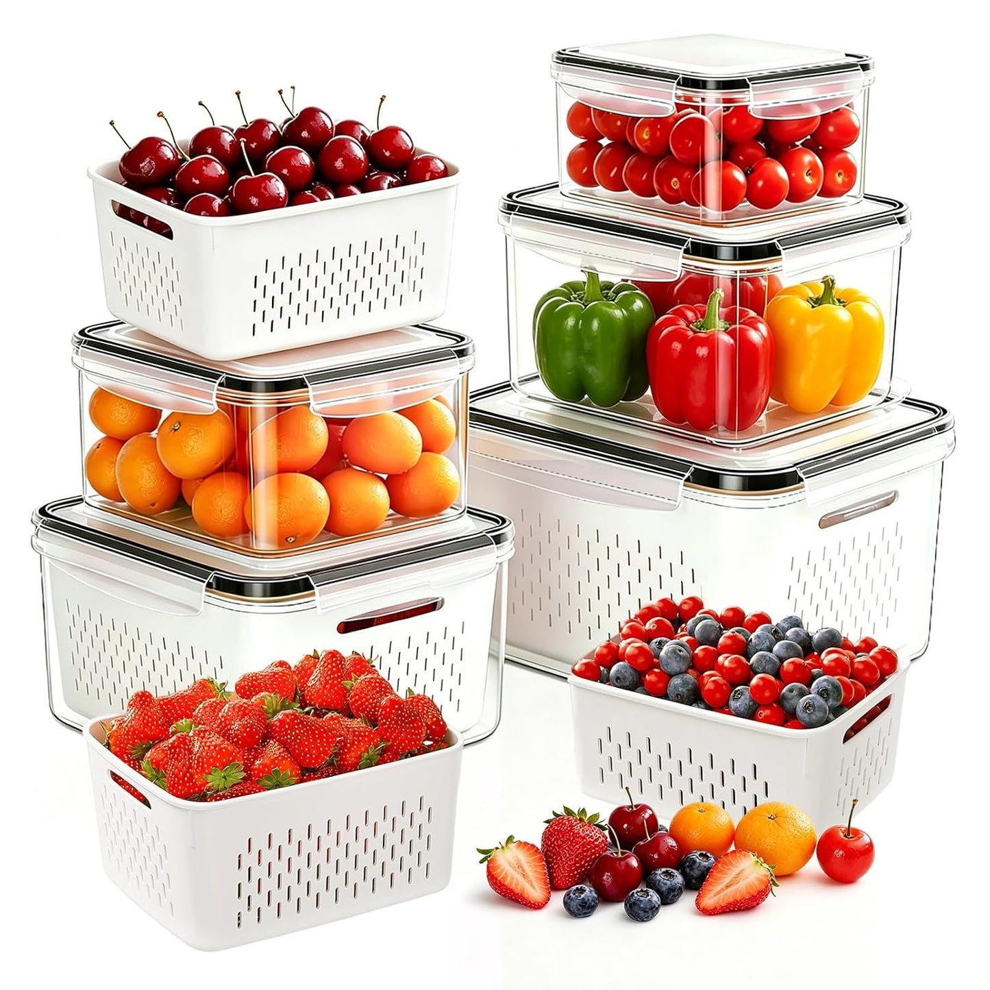 5 Pack Large Fruit Storage Containers for Fridge, Leakproof Produce Containers with Removable Colanders, Dishwasher Safe Fridge Organizers and Storage, Keep Berry, Vegetables Fresh Longer