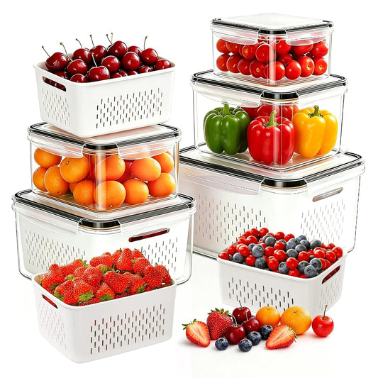 5 Pack Large Fruit Storage Containers for Fridge, Leakproof Produce Containers with Removable Colanders, Dishwasher Safe Fridge Organizers and Storage, Keep Berry, Vegetables Fresh Longer