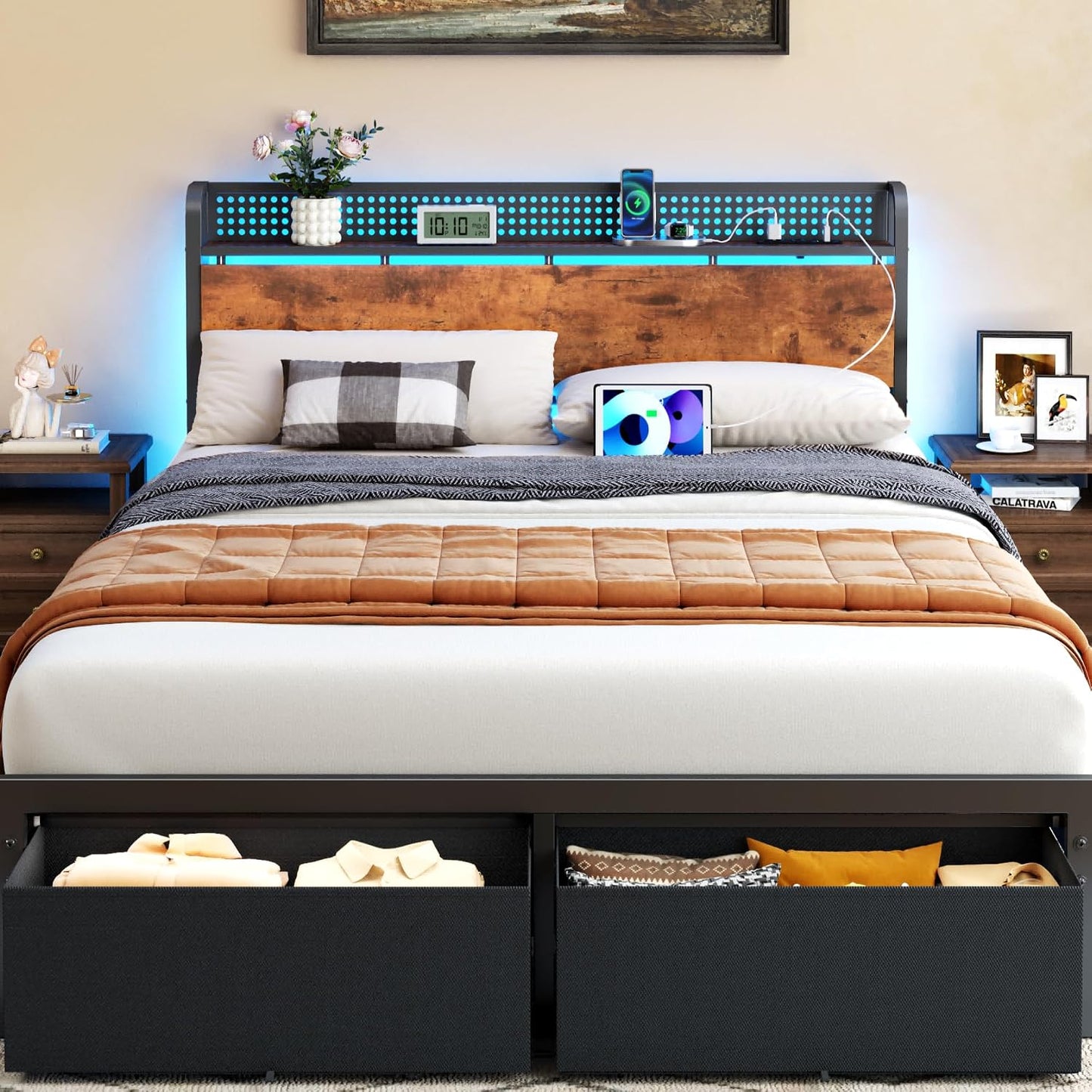 Queen Bed Frame with Headboard Storage, Charging Station, Drawers
