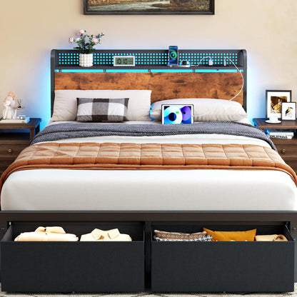Queen Bed Frame with Headboard Storage, Charging Station, Drawers