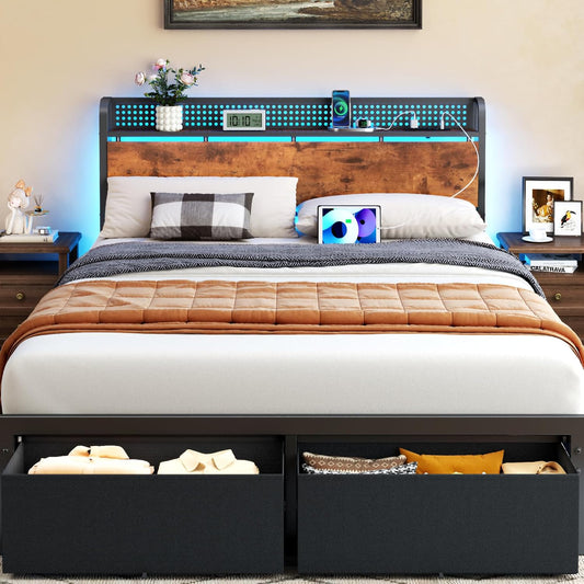 Queen Bed Frame with Headboard Storage, Charging Station, Drawers