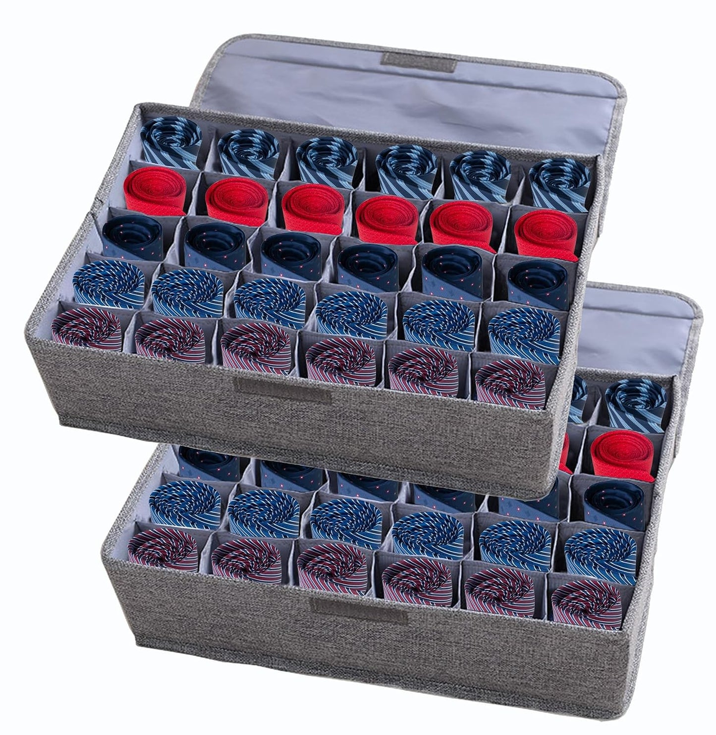 AARAINBOW 2 Packs Underwear Socks Ties Storage Organizer with Lids Foldable Closet Drawer Organizer 60 Cells, Fabric Wardrobe Divider Storage Boxes for Scarves and Lingerie (30 Cell, 2 Gray)
