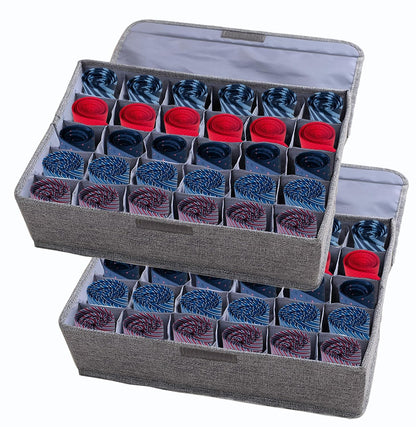 AARAINBOW 2 Packs Underwear Socks Ties Storage Organizer with Lids Foldable Closet Drawer Organizer 60 Cells, Fabric Wardrobe Divider Storage Boxes for Scarves and Lingerie (30 Cell, 2 Gray)