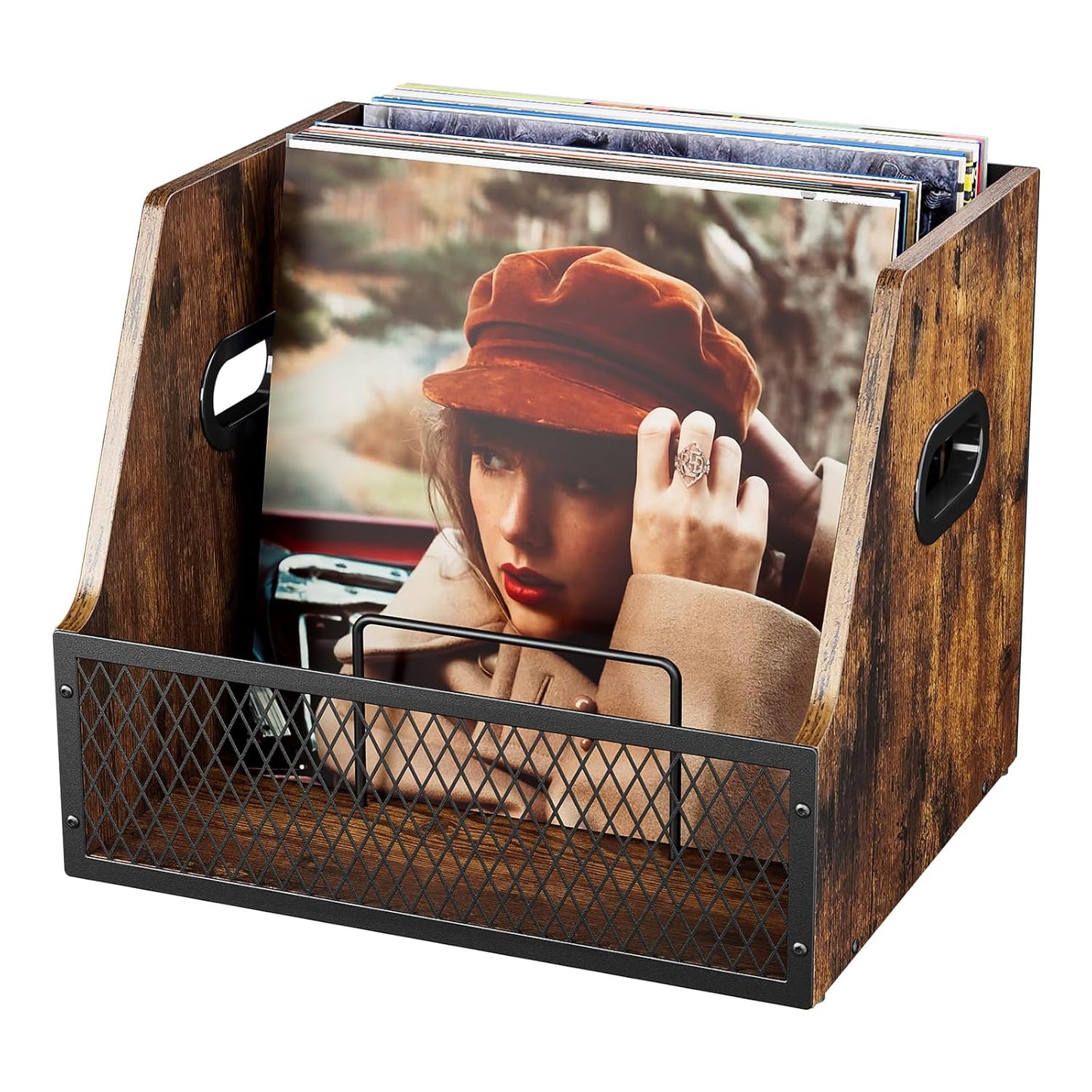 Vinyl Record Storage,Wooden Crate Vinyl Holder with Dividers for Albums & Magazine Rack Organizer for 60+ Records Case Box for 7/10/12 inch