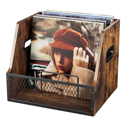 Vinyl Record Storage,Wooden Crate Vinyl Holder with Dividers for Albums & Magazine Rack Organizer for 60+ Records Case Box for 7/10/12 inch