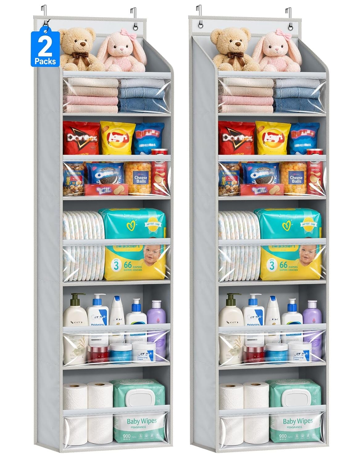 2 Pack Over the Door Organizer, Large Capacity Closet Door Hanging Organizer, Clear Deep Pockets Baby Organizer Storage for Nursery, Bathroom, Bedroom, Pantry, Diapers (Grey)