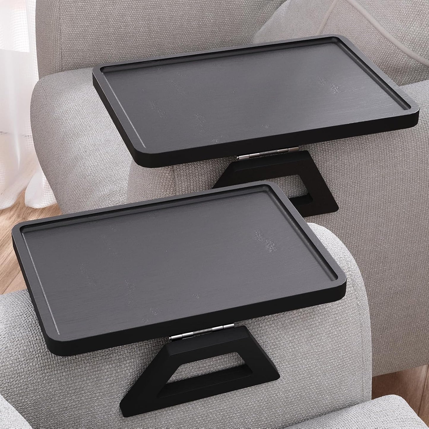 2 Pack Bamboo Couch Arm Tray,Folding Sofa Armrest Table（Black） | Clip-On Couch Desk,Foldable, high load-bearing, Non-slip, no assembly，easy to wipe clean，Natural bamboo,Gift box