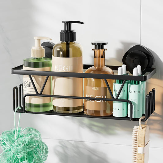 KEGII Suction Cup Shower Caddy with Hooks, No Drill Bathroom Organizer | Large Capacity Stainless Steel Shelf, Heavy Duty Hold for Shampoo and Body Wash on Smooth Surfaces, Black