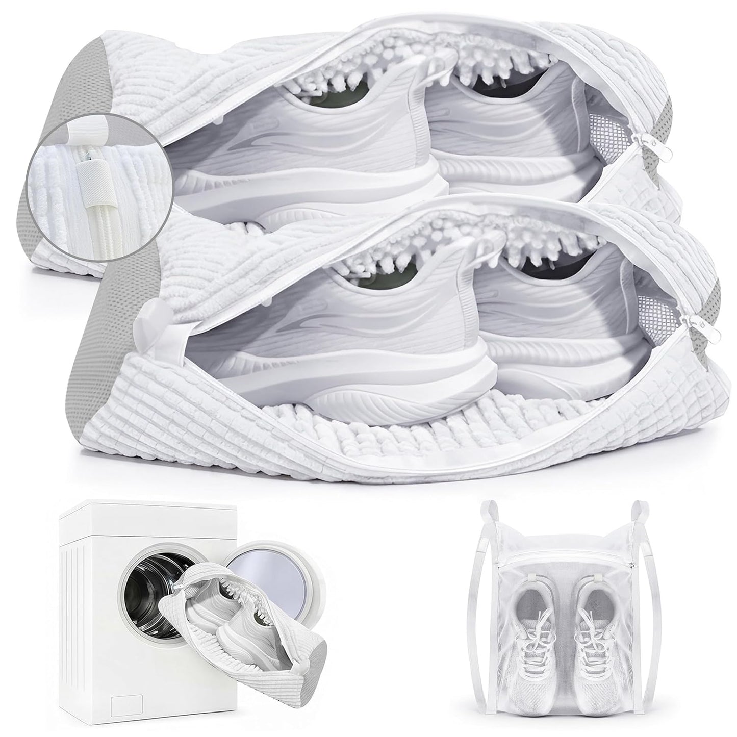 Shoe Washing Machine Bag 3PCS – Laundry Shoes Bag for Washer & Dryer | Reusable Shoe Cleaning Bag, 360° Deep Microfiber Clean,Self-Locking Zipper