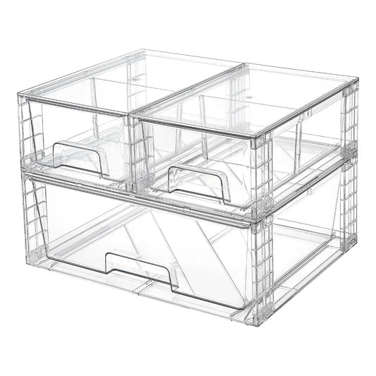 Vtopmart Clear Stackable Storage Drawers, 3 Pack Wide Organizer Set | Wide and Small Pull-Out PET Drawers with Stackable Design for Bathroom Organization, Cabinets, Closets, Pantry and Medicine