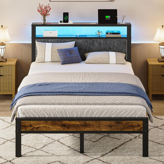 Full Size Bed Frame with LED Lights, Charging Stat... (Black | Metal)