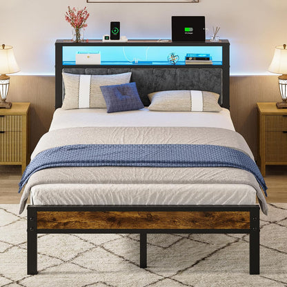 Liians Full Size Bed Frame with LED Lights, Charging Station