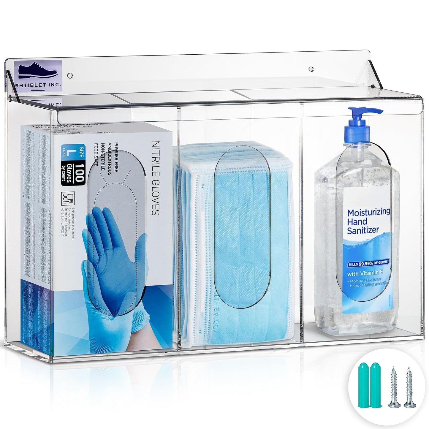 LLC Clear Acrylic Medical Organizer Hygiene Station with Lid - 3 Compartment Glove Dispenser Wall Mount Container for Face Masks, Hairnet, Glovebox - Hair Net Dispenser