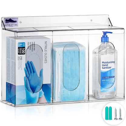LLC Clear Acrylic Medical Organizer Hygiene Station with Lid - 3 Compartment Glove Dispenser Wall Mount Container for Face Masks, Hairnet, Glovebox - Hair Net Dispenser