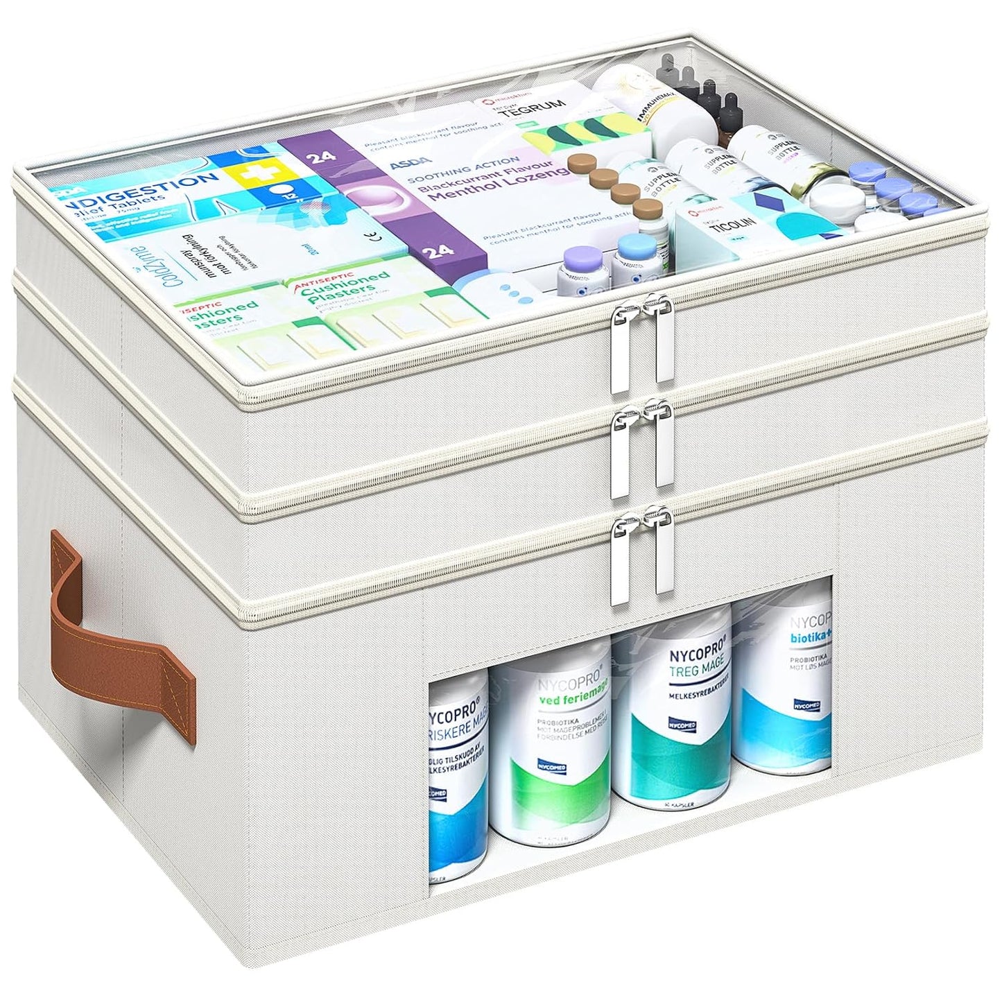 Medicine Organizer for Cabinet, 3-Tier, Beige | Foldable Storage Box, Fabic Medicine Organizer, Clear PVC Cover, Leather Handle, Empty First Aid Kit for Home and Travel