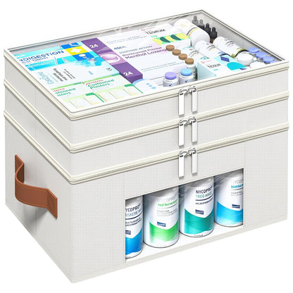 Medicine Organizer for Cabinet, 3-Tier, Beige | Foldable Storage Box, Fabic Medicine Organizer, Clear PVC Cover, Leather Handle, Empty First Aid Kit for Home and Travel