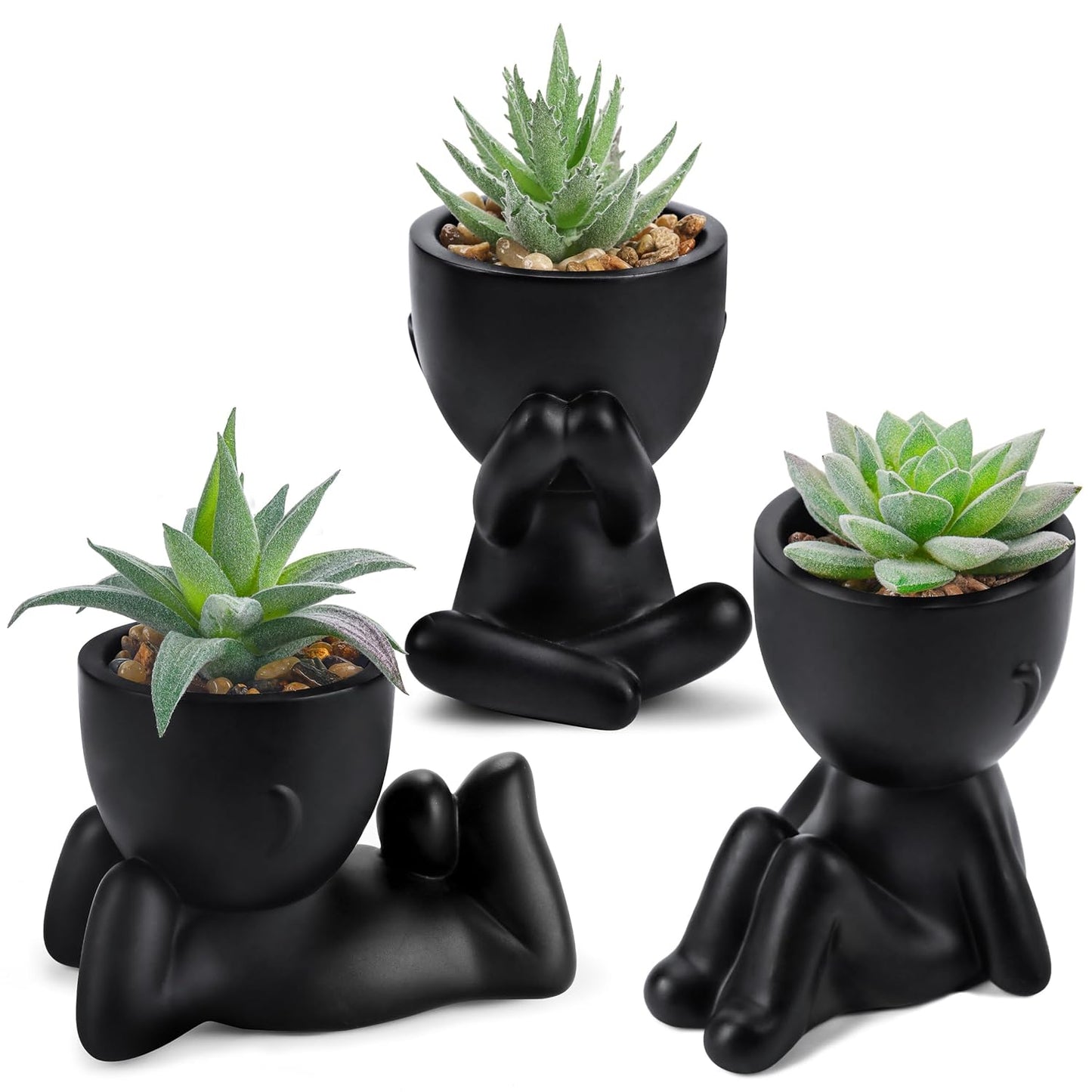 Der Rose 3 Pack Fake Plants in Black Pots for Bathroom Living Room Decor | Unique black human-shaped pot，cute fake succulents plants，perfect for black desk shelf bedroom halloween decor，fresh all year