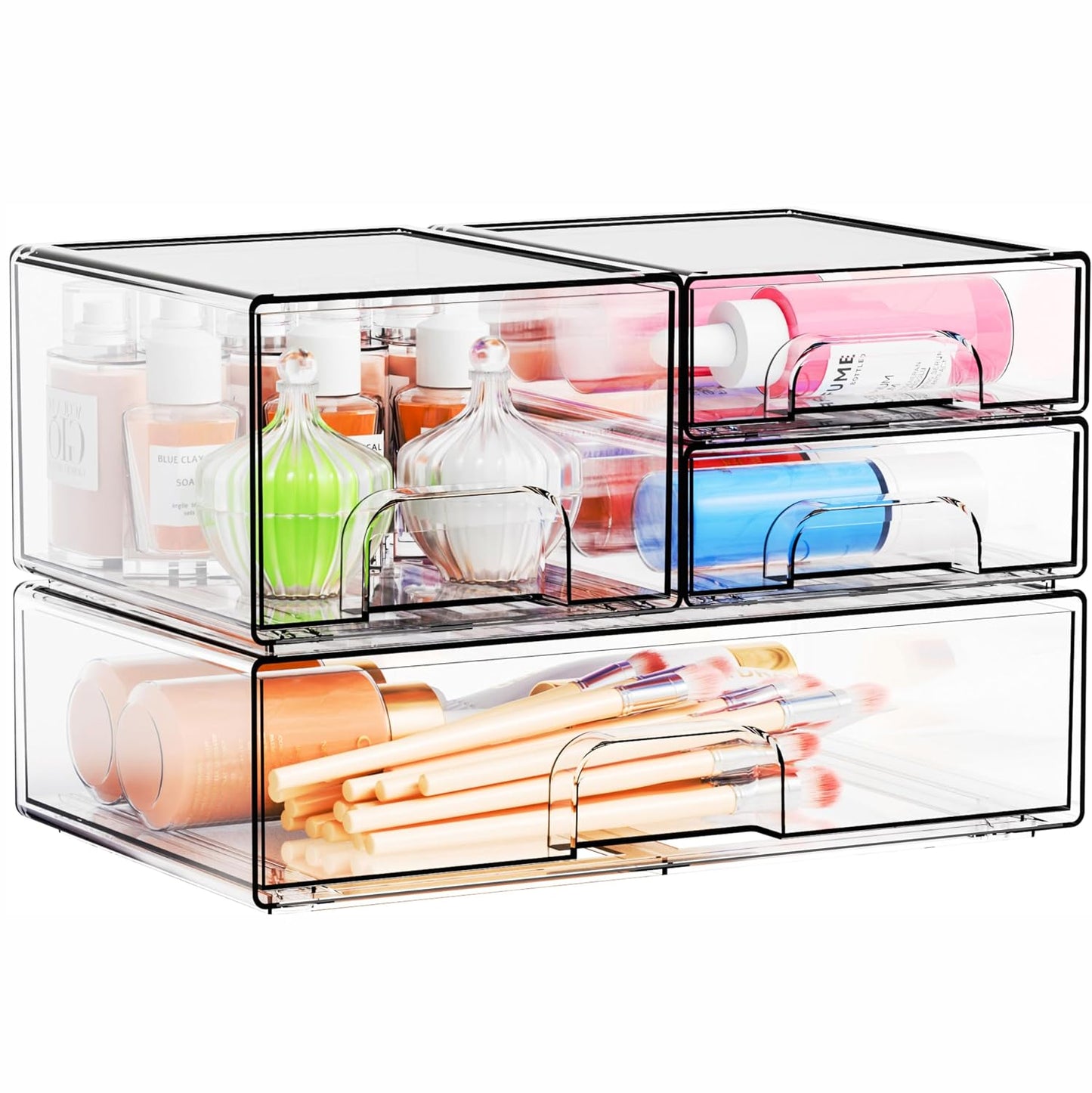 4 Pack Clear Stackable Storage Drawers,Pull-Out Medicine Cabinet Organizer and Containers,Large Acrylic Organizers Drawers and Bathroom Closet Organizers for Hair Accessories,Makeup Organizer