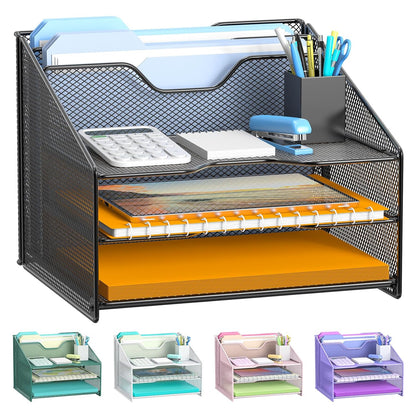 Samstar Desk File Organizer, Mesh Letter File Folder Holder with 3 Paper Trays and 2 Vertical Upright Section, for Office Supplies,Desk Accessories & Workspace,Black.