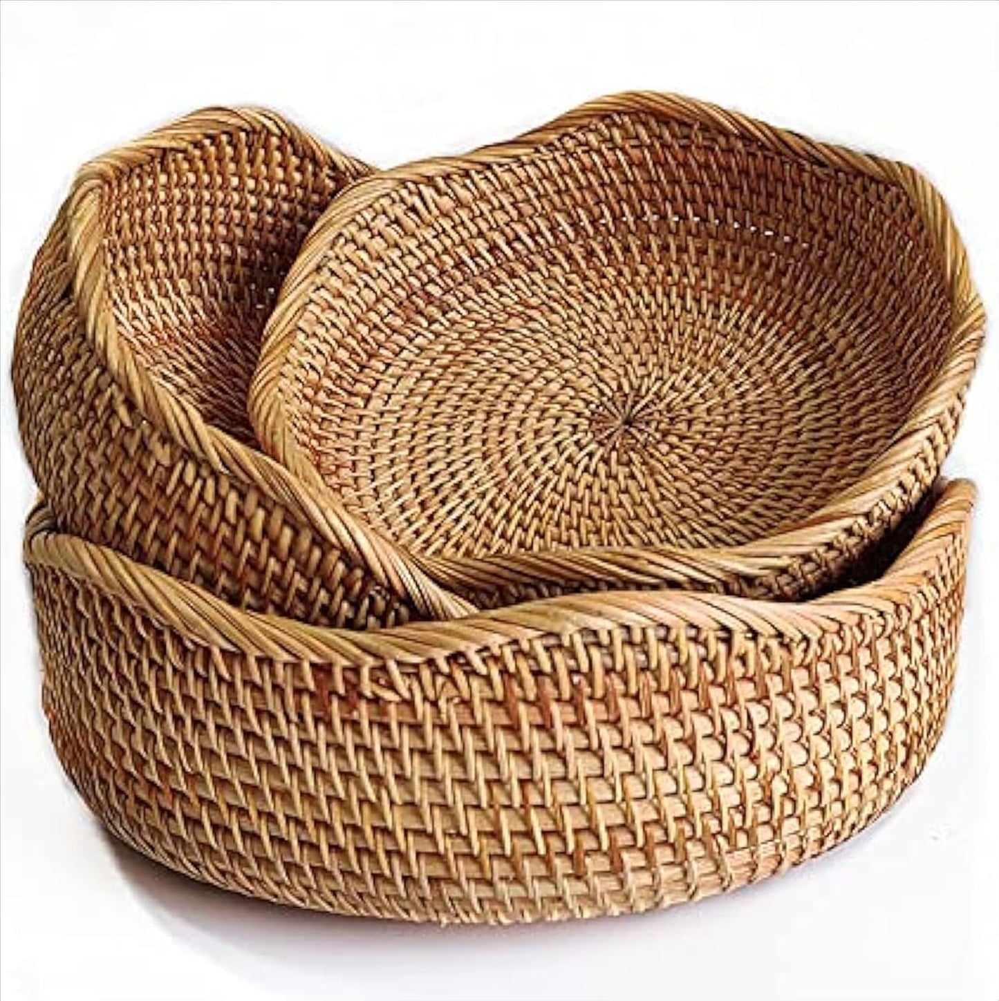 YANGQIHOME Rattan Bread Basket, Round Fruit Baskets, Wicker Storage Bowls, Natural Woven Serving Basket Bowls, Decorative Baskets for Kitchen Counter Organizing