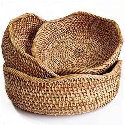 YANGQIHOME Rattan Bread Basket, Round Fruit Baskets, Wicker Storage Bowls, Natural Woven Serving Basket Bowls, Decorative Baskets for Kitchen Counter Organizing
