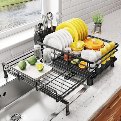 Expandable Dish Drying Rack for Kitchen Counter, Stainless Steel, Black | Foldable Over Sink, Large Capacity, Adjust to Fit Most Sinks, Angled Drainboard, Removable Utensil Holder, Slip Resistant